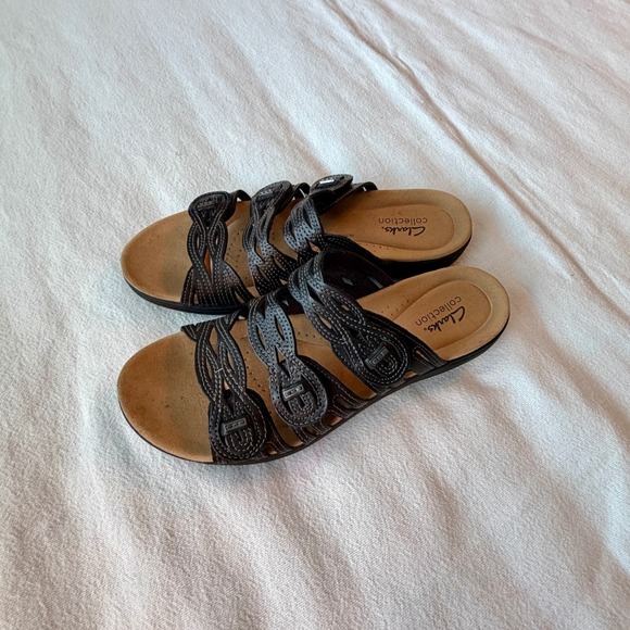 Clarks Shoes - Clarks Collection Leisa Janna Black Leather Slide Sandals Womens 8.5 M
